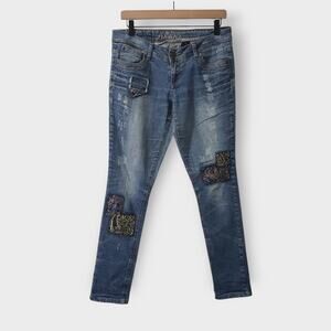 Premiere Rue 21 Patchwork Jeans‎ Distressed Low-Rise Ramie Cotton Y2K Sz 5/6